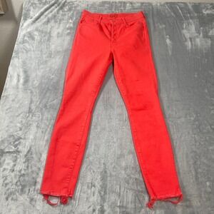 Mother Jeans Size 26 High Rise Skinny Neon Red Button Fly Raw Frayed Step Hem